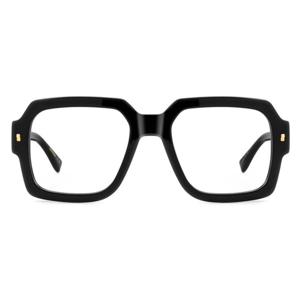 Occhiali da vista, montatura rettangolare nera, dettagli dorati, design elegante e moderno.