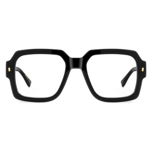 Occhiali da vista, montatura rettangolare nera, dettagli dorati, design elegante e moderno.