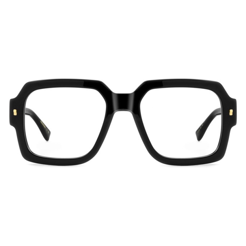 Occhiali da vista, montatura rettangolare nera, dettagli dorati, design elegante e moderno.