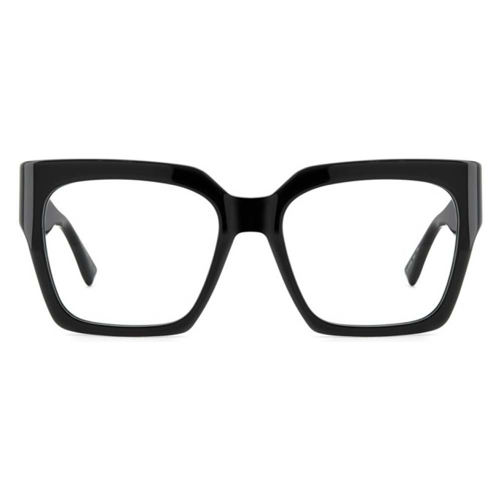 Occhiali da vista, montatura rettangolare nera, stile classico ed elegante. Marchio non identificabile.