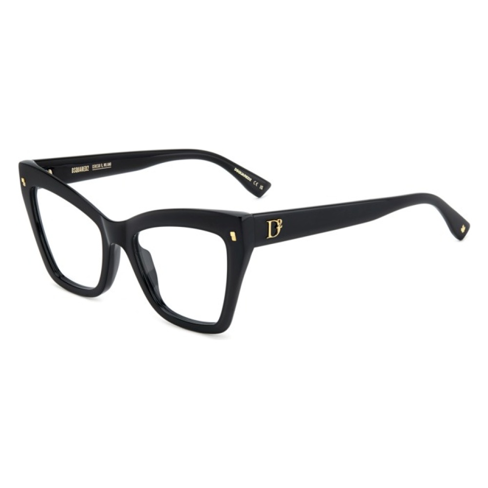 Occhiali da vista DSquared2, montatura nera squadrata, con dettagli dorati sulle aste.
