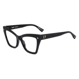 Occhiali da vista DSquared2, montatura nera squadrata, con dettagli dorati sulle aste.