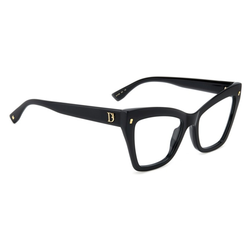 Occhiali Dior, montatura nera spessa, forma cat-eye, dettagli dorati.