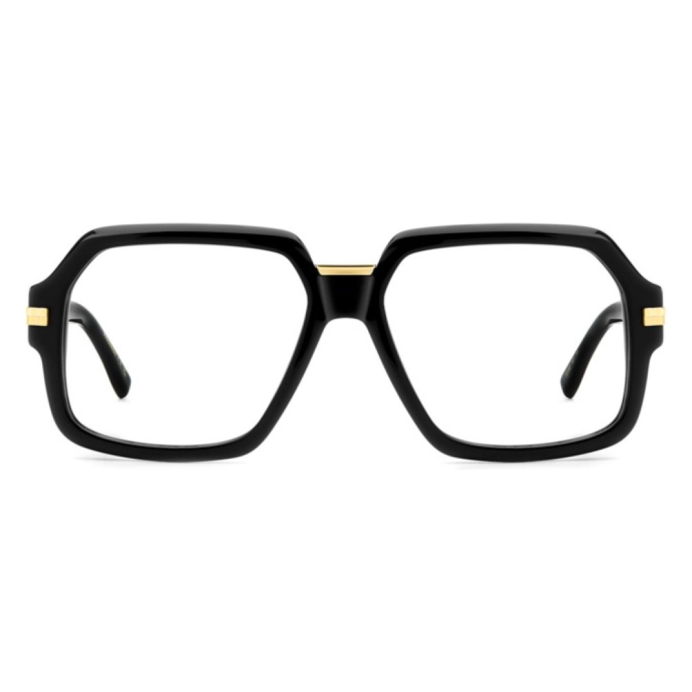 Occhiali da vista, montatura nera squadrata con dettagli dorati. Elegante e distintivo design retrò.