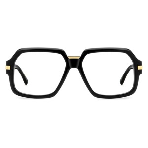 Occhiali da vista, montatura nera squadrata con dettagli dorati. Elegante e distintivo design retrò.