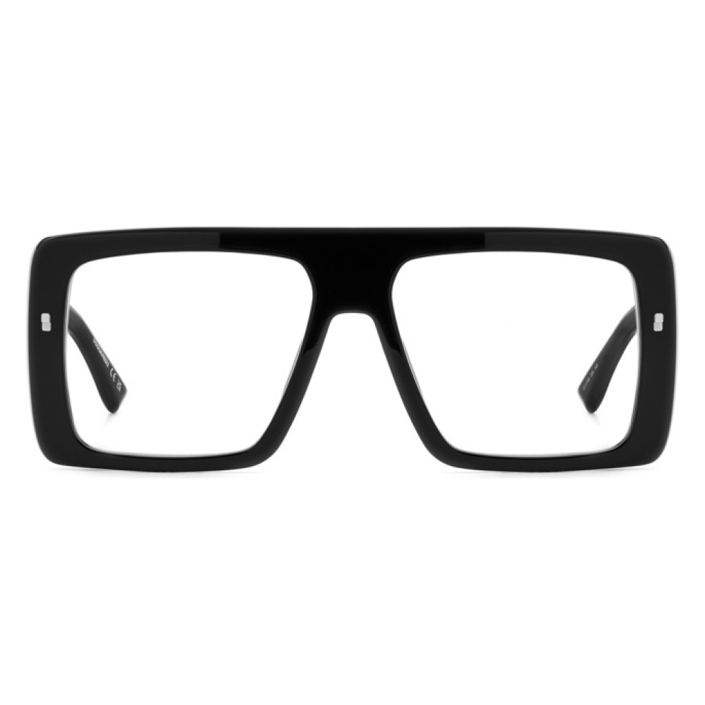 Occhiali da vista con montatura rettangolare oversize in acetato nero. Marchio non visibile.