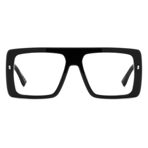 Occhiali da vista con montatura rettangolare oversize in acetato nero. Marchio non visibile.