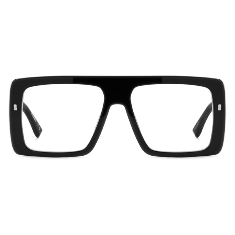 Occhiali da vista con montatura rettangolare oversize in acetato nero. Marchio non visibile.