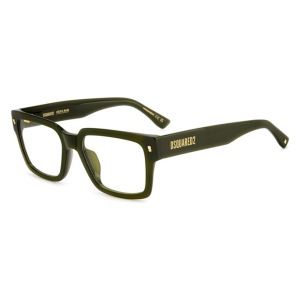 Occhiali DSquared2 rettangolari, montatura verde scuro, spessa e robusta, con logo dorato sulle aste.
