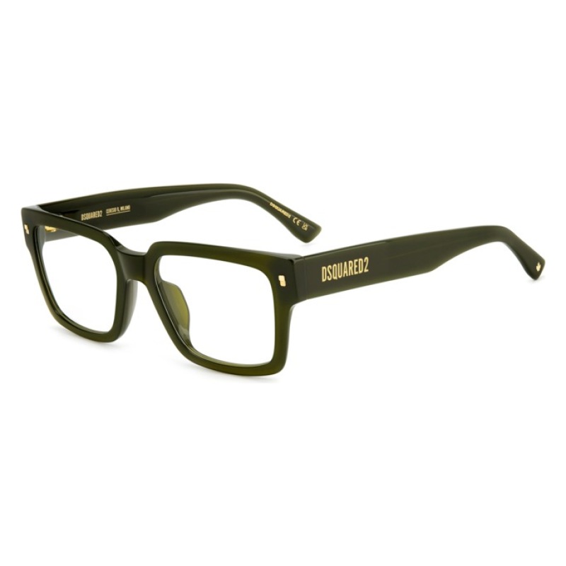 Occhiali DSquared2 rettangolari, montatura verde scuro, spessa e robusta, con logo dorato sulle aste.