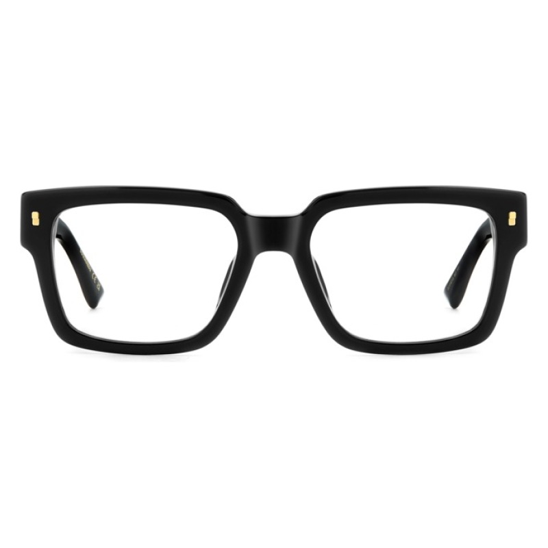 Occhiali con montatura rettangolare nera, dettagli dorati. Marchio non visibile. Eleganti e sofisticati.