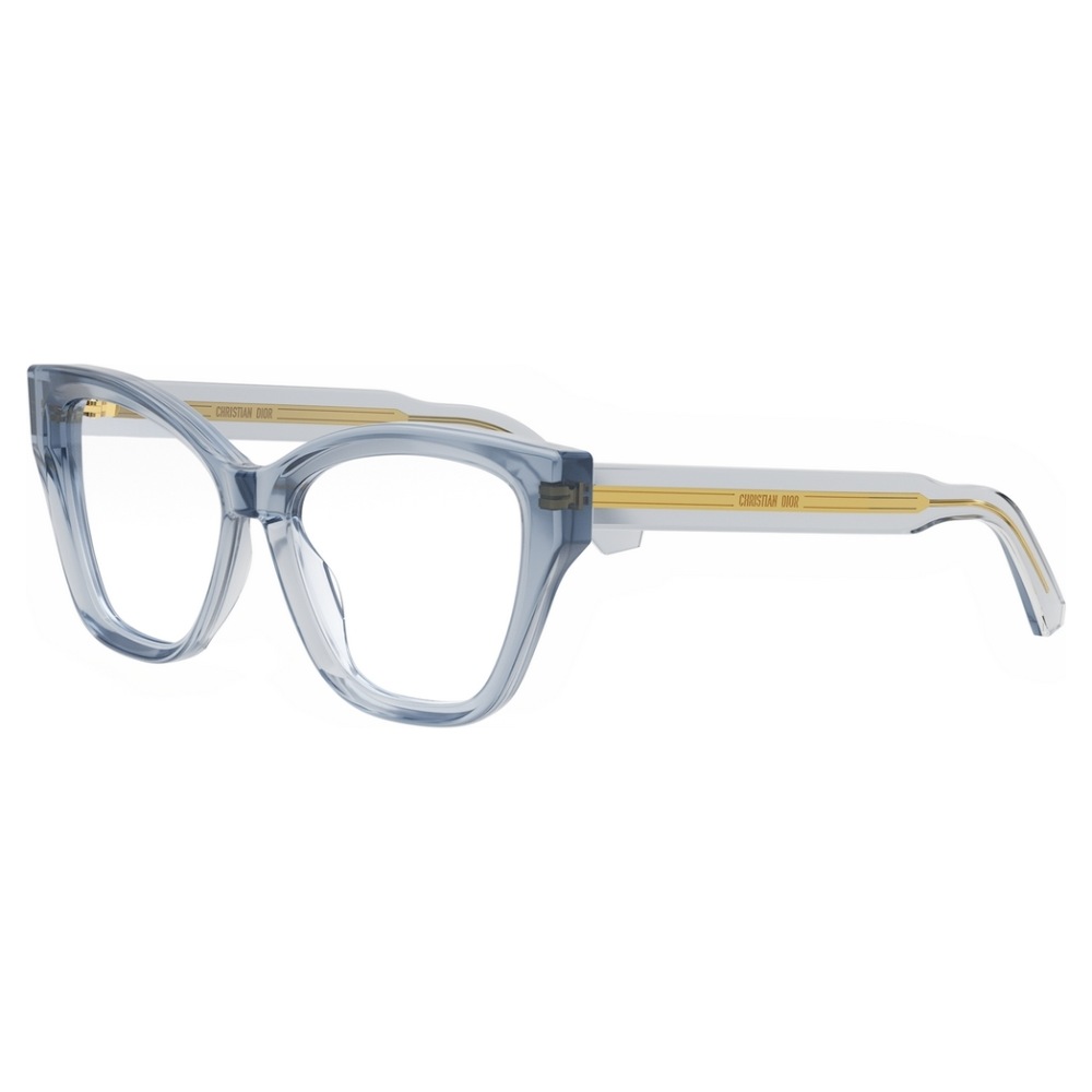 Occhiali Dior, montatura squadrata trasparente azzurra con dettagli oro, stile elegante e moderno.