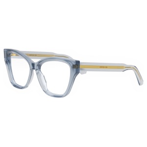 Occhiali Dior, montatura squadrata trasparente azzurra con dettagli oro, stile elegante e moderno.