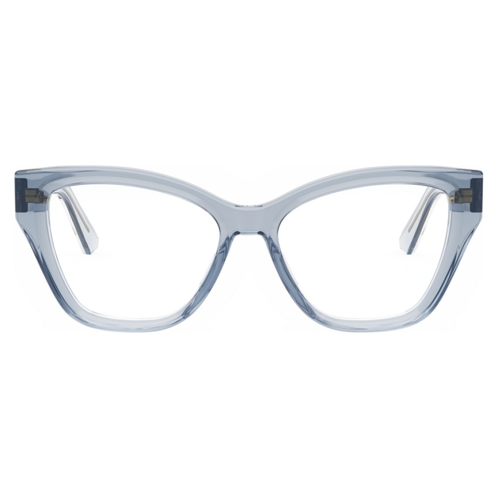 Occhiali da vista, montatura a farfalla trasparente azzurra, stile moderno ed elegante.