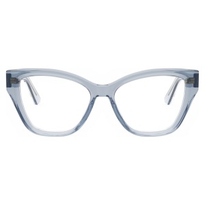 Occhiali da vista, montatura a farfalla trasparente azzurra, stile moderno ed elegante.