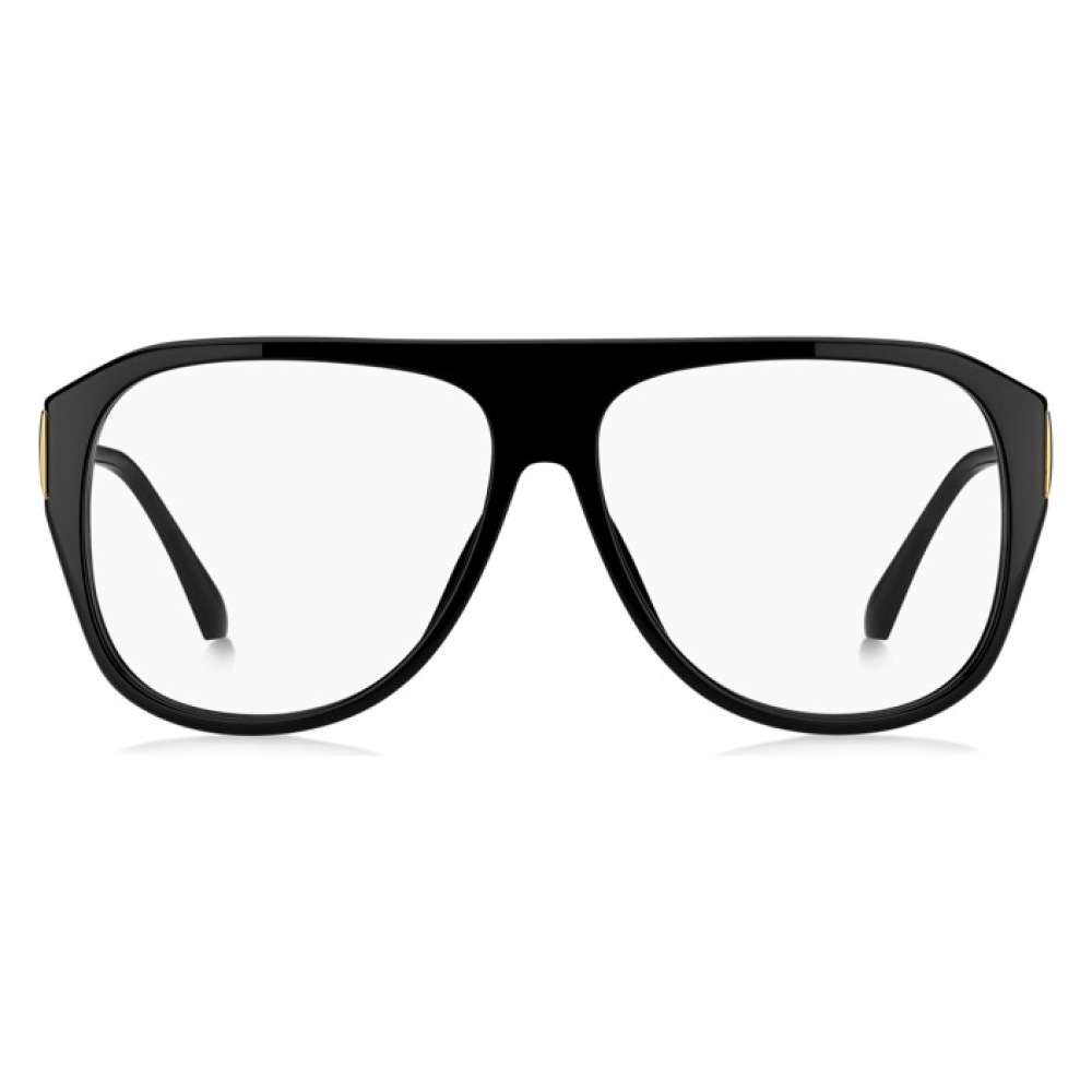 Occhiali da vista, montatura nera spessa, forma aviator con dettagli dorati sui lati.