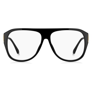 Occhiali da vista, montatura nera spessa, forma aviator con dettagli dorati sui lati.