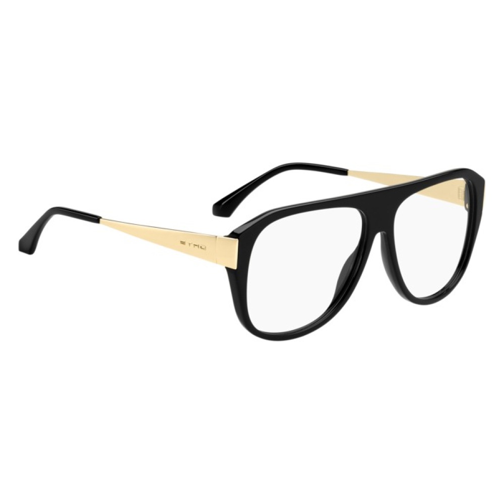 Occhiali ETRO, montatura nera squadrata con dettagli oro sulle aste per un design elegante e moderno.