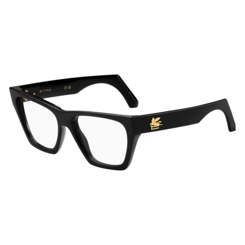 Occhiali Etro neri, montatura rettangolare con logo dorato elegante sulle aste spesse.