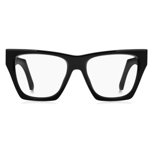 Occhiali neri, forma cat-eye, montatura spessa e angoli pronunciati, senza marchio visibile.