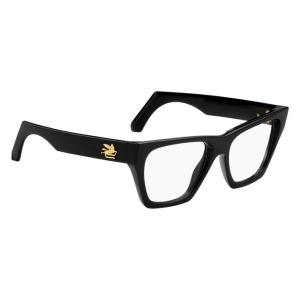 Occhiali da vista neri con montatura rettangolare. Dettaglio logo dorato sul lato. Stile elegante.