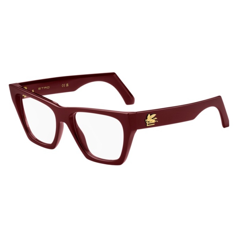 Occhiali Etro, montatura rettangolare in acetato bordeaux con dettaglio dorato sul lato.