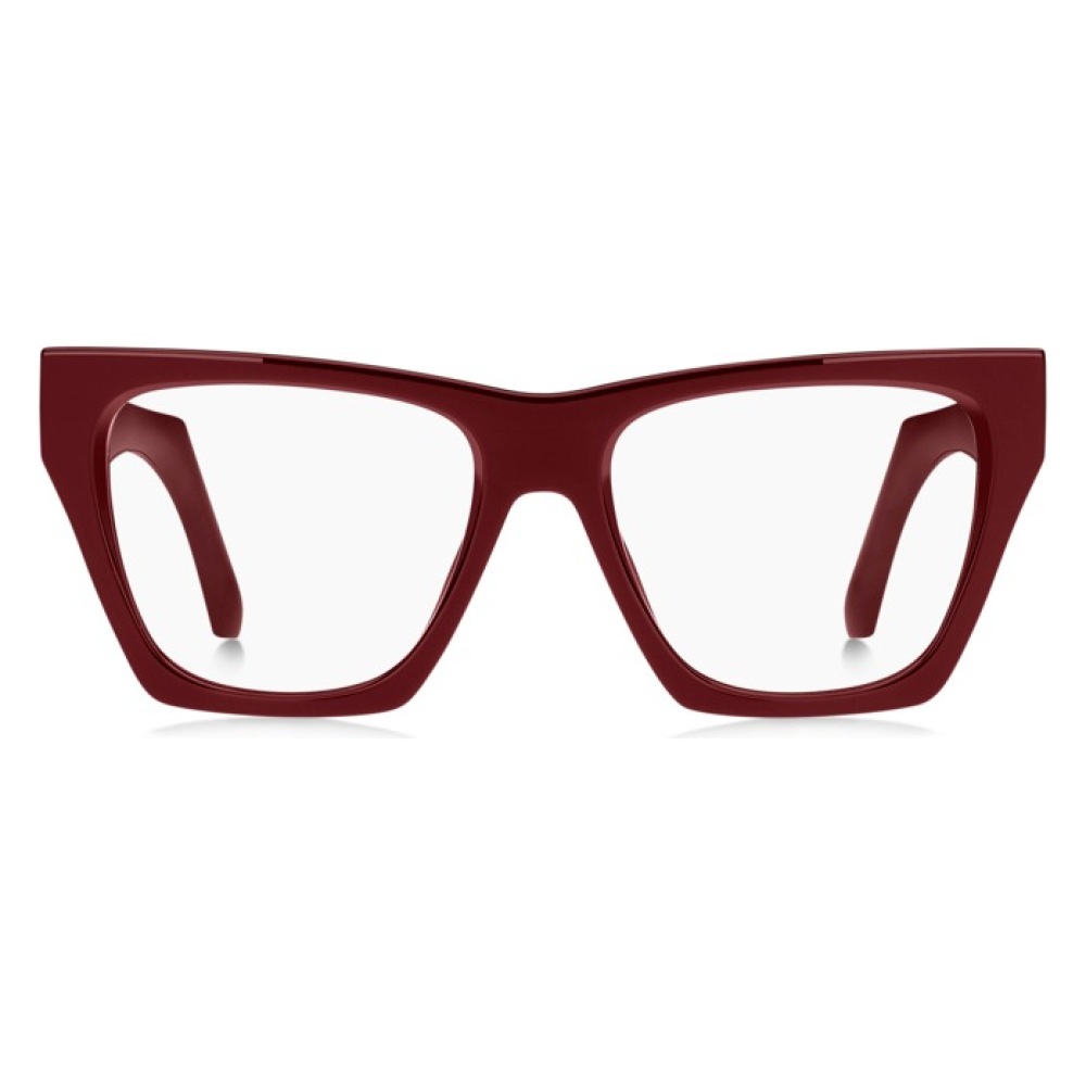 Occhiali rettangolari dal design audace, montatura spessa colore bordeaux. Marchio non identificabile.