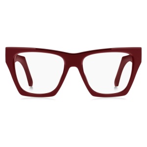 Occhiali rettangolari dal design audace, montatura spessa colore bordeaux. Marchio non identificabile.