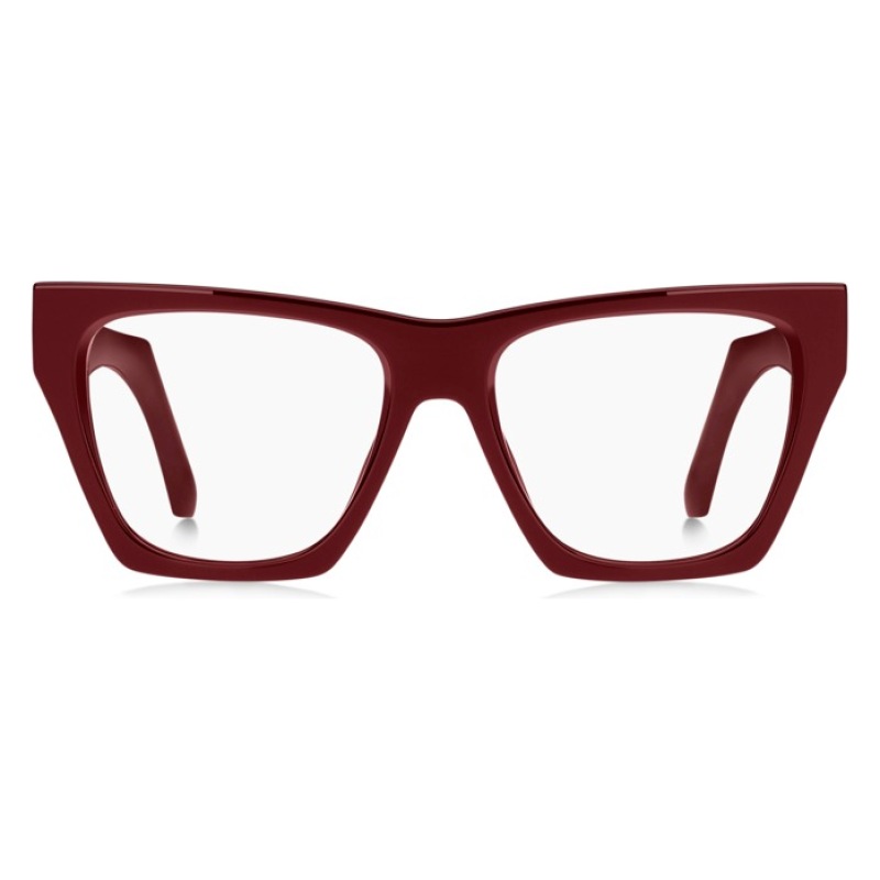 Occhiali rettangolari dal design audace, montatura spessa colore bordeaux. Marchio non identificabile.