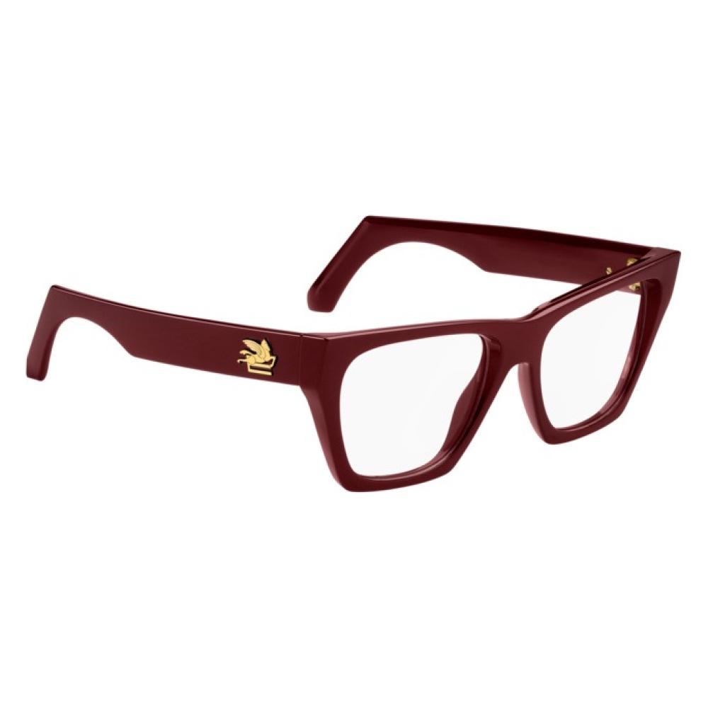 Montatura squadrata rossa con dettaglio dorato sul lato. Marchio sconosciuto. Design moderno ed elegante.