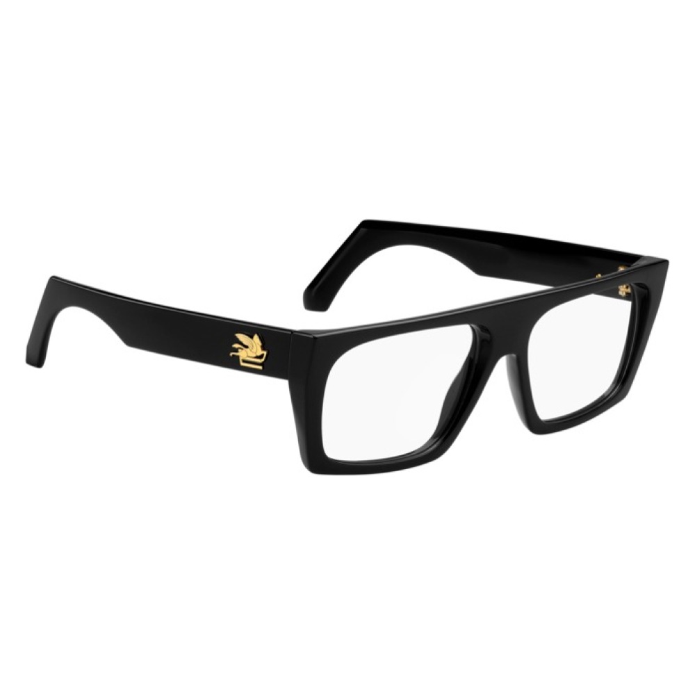 Occhiali da vista, montatura nera rettangolare, dettaglio decorativo dorato sul lato.