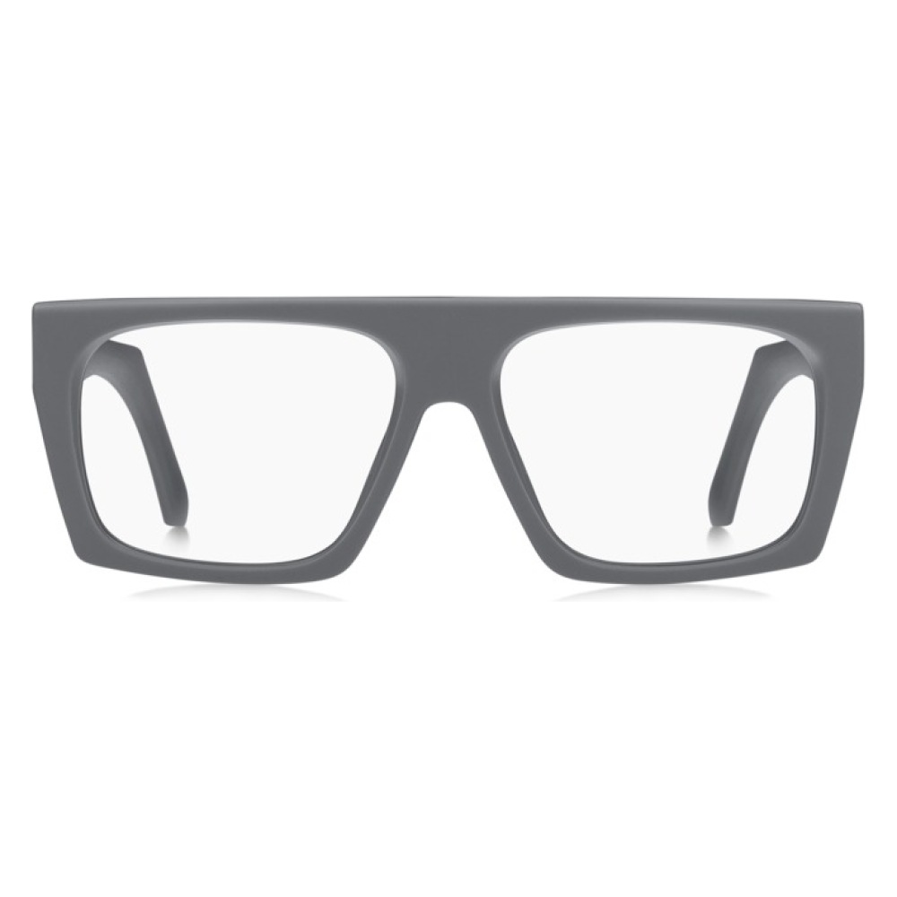 Occhiali rettangolari, montatura grigia opaca, design moderno. Marca non specificata.