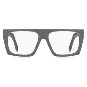 Occhiali rettangolari, montatura grigia opaca, design moderno. Marca non specificata.