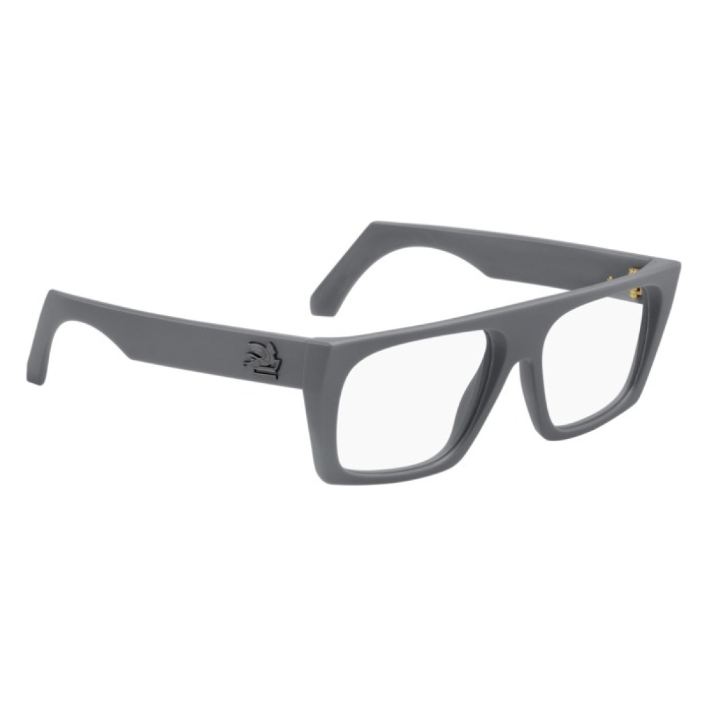 Occhiali da vista con montatura rettangolare grigia, spessa, marchio LGR, design semplice e moderno.