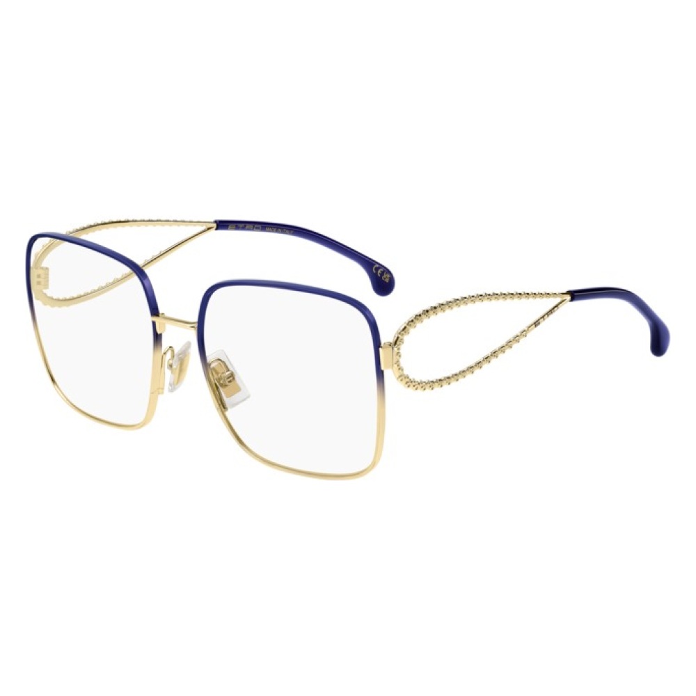 Occhiale da vista Guess, montatura quadrata oro e blu, decorazioni sulle aste, stile elegante e moderno.