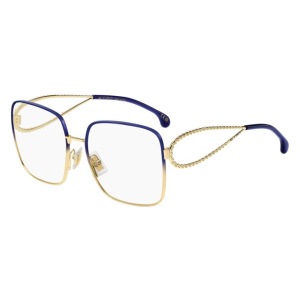Occhiale da vista Guess, montatura quadrata oro e blu, decorazioni sulle aste, stile elegante e moderno.