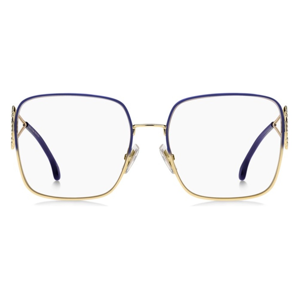 Occhiali Gucci, forma squadrata, montatura in metallo dorato con bordo superiore blu.