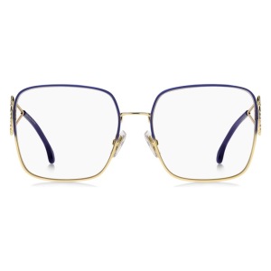 Occhiali Gucci, forma squadrata, montatura in metallo dorato con bordo superiore blu.