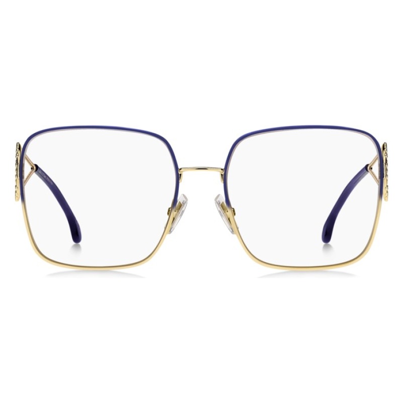 Occhiali Gucci, forma squadrata, montatura in metallo dorato con bordo superiore blu.