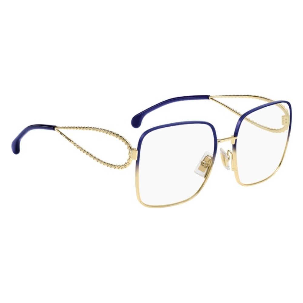 Occhiale da vista, Gucci; montatura squadrata, oro e blu con aste sottili. Elegante e moderno.