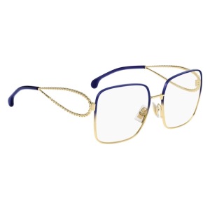 Occhiale da vista, Gucci; montatura squadrata, oro e blu con aste sottili. Elegante e moderno.