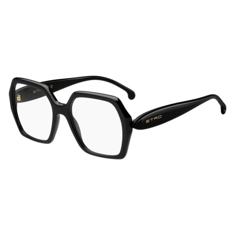 Occhiale Etro, montatura quadrata e nera, elegante con logo dorato sulle aste.