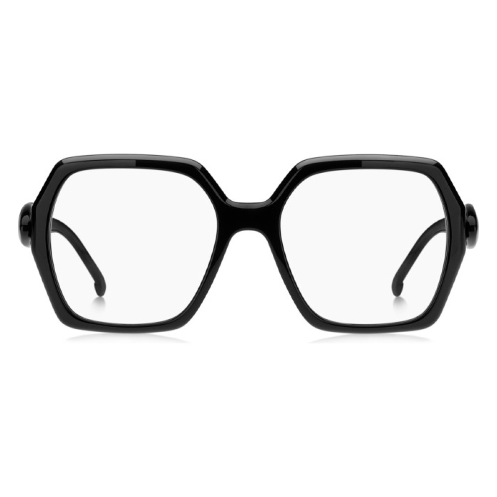 Occhiali neri, forma esagonale oversize, montatura spessa moderna, senza marchio visibile.