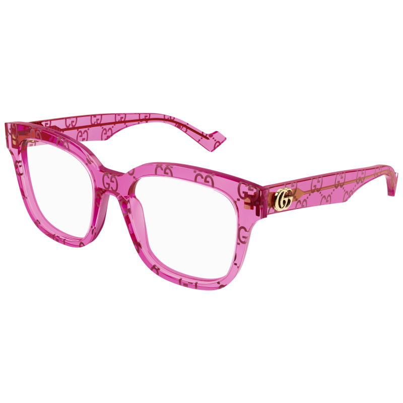 Occhiali Gucci, montatura squadrata in acetato trasparente fucsia con logo dorato.