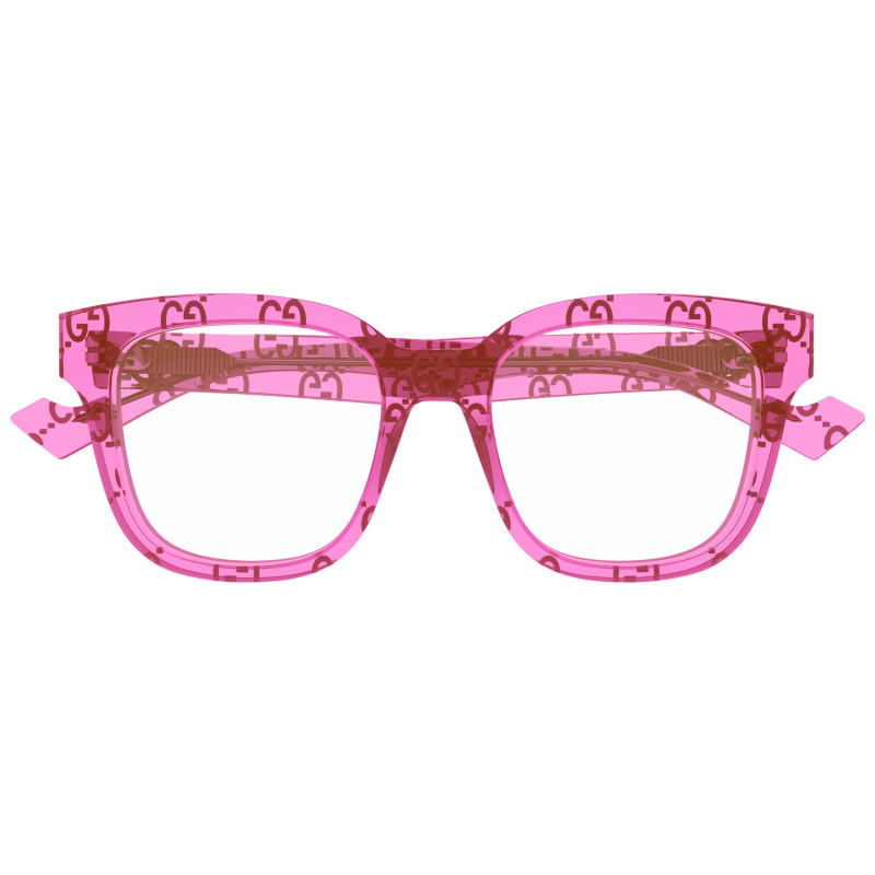 Occhiali Gucci, oversize, montatura squadrata trasparente rosa con logo GG ripetuto in tonalità più scura.