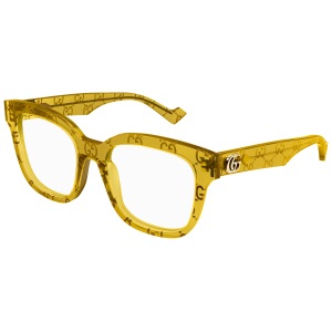 Occhiali Gucci, montatura squadrata trasparente gialla con logo GG, in acetato.
