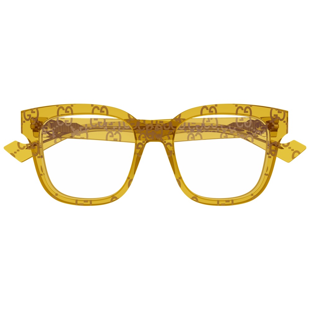 Occhiali Gucci, forma squadrata, montatura gialla con logo GG marrone.