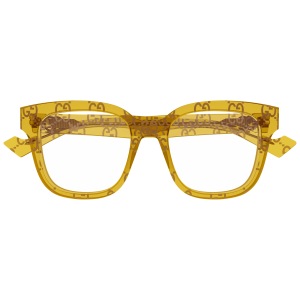 Occhiali Gucci, forma squadrata, montatura gialla con logo GG marrone.