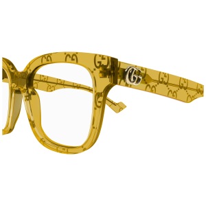 Occhiali Gucci quadrati con montatura in acetato trasparente giallo e logo GG.
