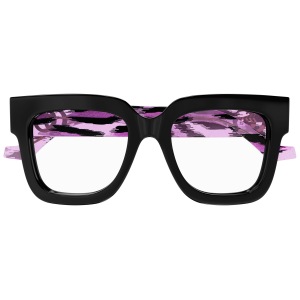 Occhiali dalla montatura nera squadrata con interno fantasia viola nero. Marchio non visibile.